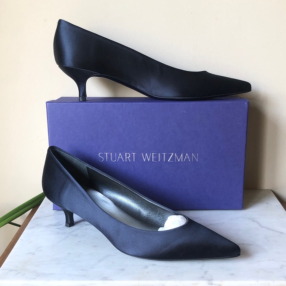 Stuart Weitzman Navy Blue Satin Pointed Kitten Heels New in Box